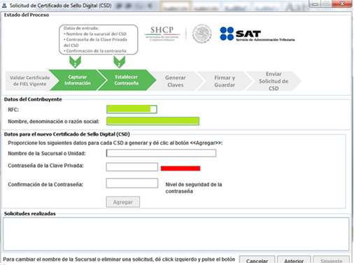 Pantalla de captura en Certifica con el nombre de sucursal y los campos de contraseña del Certificado de Sello Digital