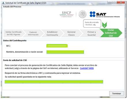 Confirmación en Certifica indicando la ruta donde quedó guardado el archivo .sdg y .key