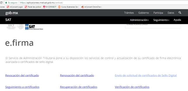 Menú de CertiSAT Web mostrando la opción de Envío de solicitud de certificados de Sello Digital