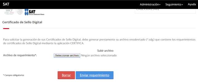 Pantalla de CertiSAT Web para seleccionar el archivo .sdg y presionar Enviar requerimiento