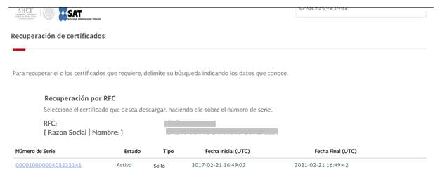 Pantalla de recuperación de certificados en CertiSAT Web con el enlace de descarga del certificado de tipo Sello
