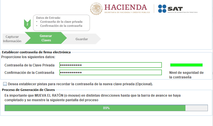 Pantalla de Certifica mostrando la barra de progreso al 100% al mover el ratón para generar la entropía de seguridad