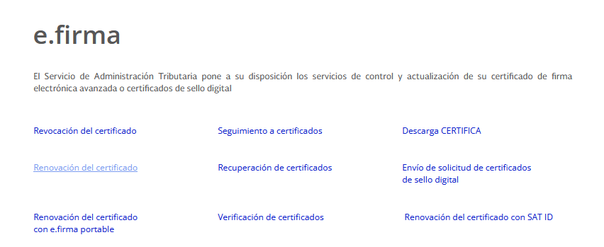 Menú de opciones dentro de CertiSAT Web con Renovación del certificado resaltado