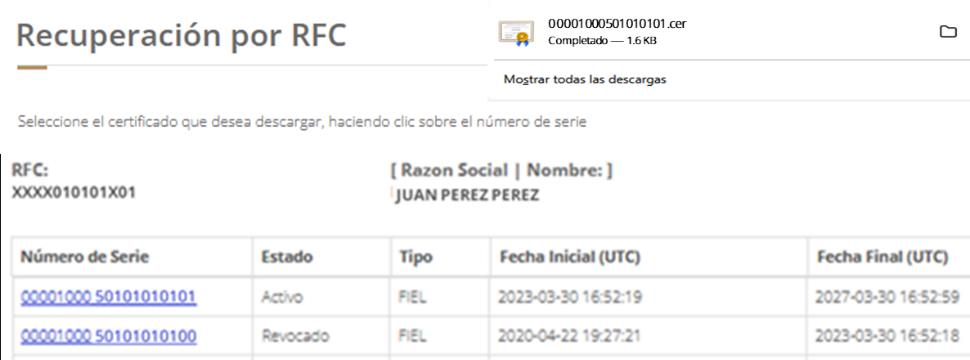 Apartado de Recuperación de Certificados por RFC y descarga del nuevo archivo .cer en CertiSAT Web